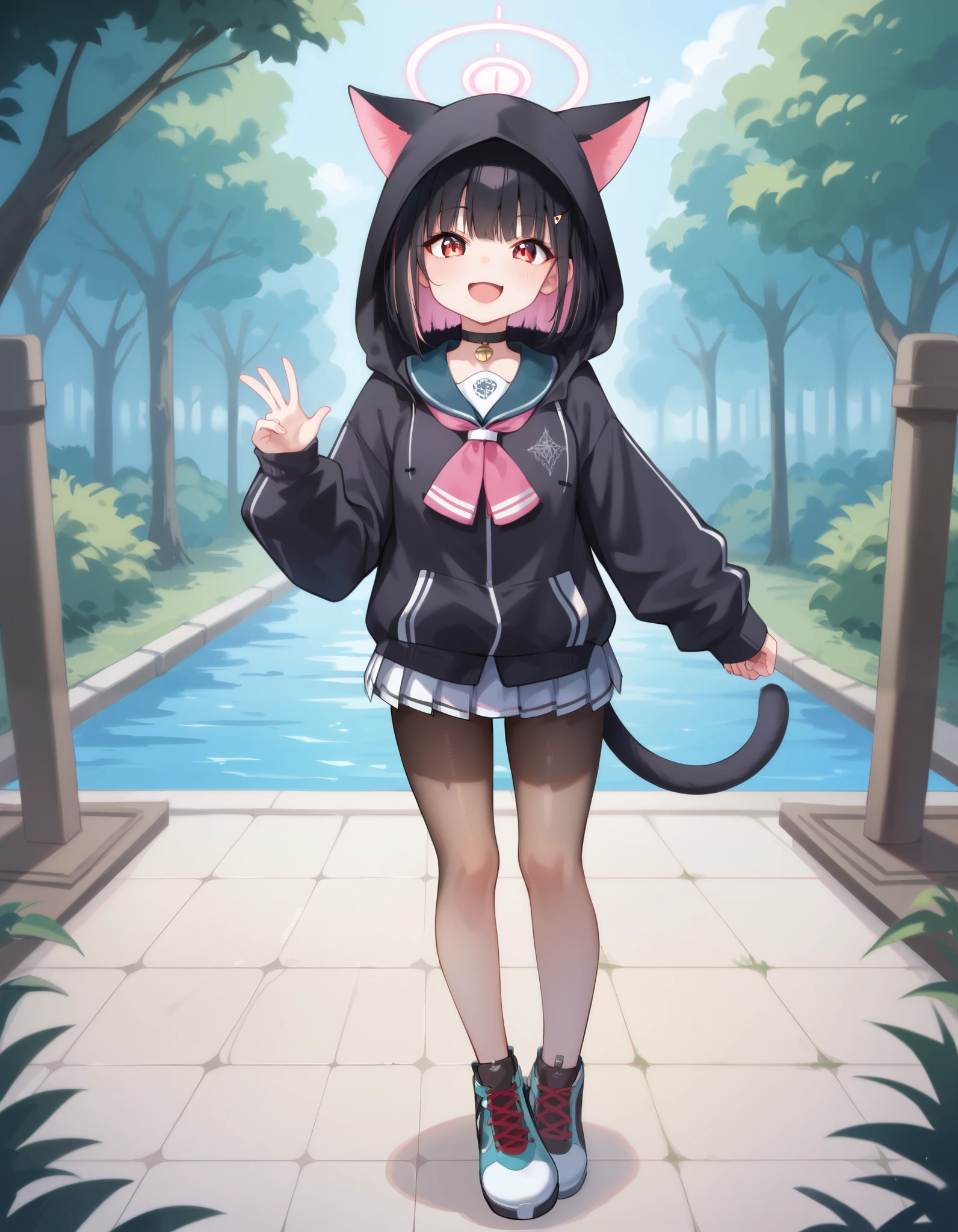 Hd, (girl:1.2) (slender body) (thin body), smile, happy, KazusaSDXL,1girl,short hair,skirt,black hair,hair ornament,red eyes,long sleeves,animal ears,jacket,pink hair,pantyhose,sidelocks,pleated skirt,choker,hairclip,cat ears,hood,miniskirt,sailor collar,black jacket,neckerchief,black tail,black pantyhose,black choker,halo,white skirt,hood down,blue sailor collar,hooded jacket,colored inner hair,black hoodie,pink neckerchief, sneakers, flat breasts, (white skin) happy and confident expression. full body, (ch1ldren playing), short girl, cute girl, (loli:1), (ch1ldren:1.2),  long straight hair, thin legs, flat chest, flat breasts. (happy, smile, cheerful), Standing, outdoor, fullbody 