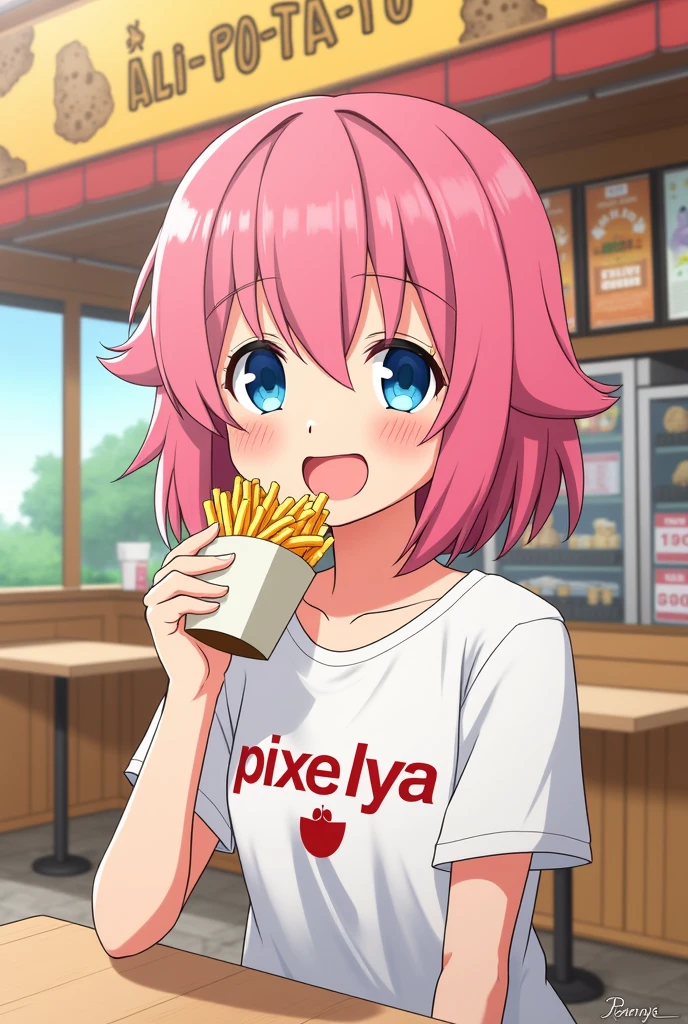 Happy pink haired anya forger from spy x family wearing a t shirt with "Pixelya" in the print out eating fries in "Ali Po-ta-to" Store