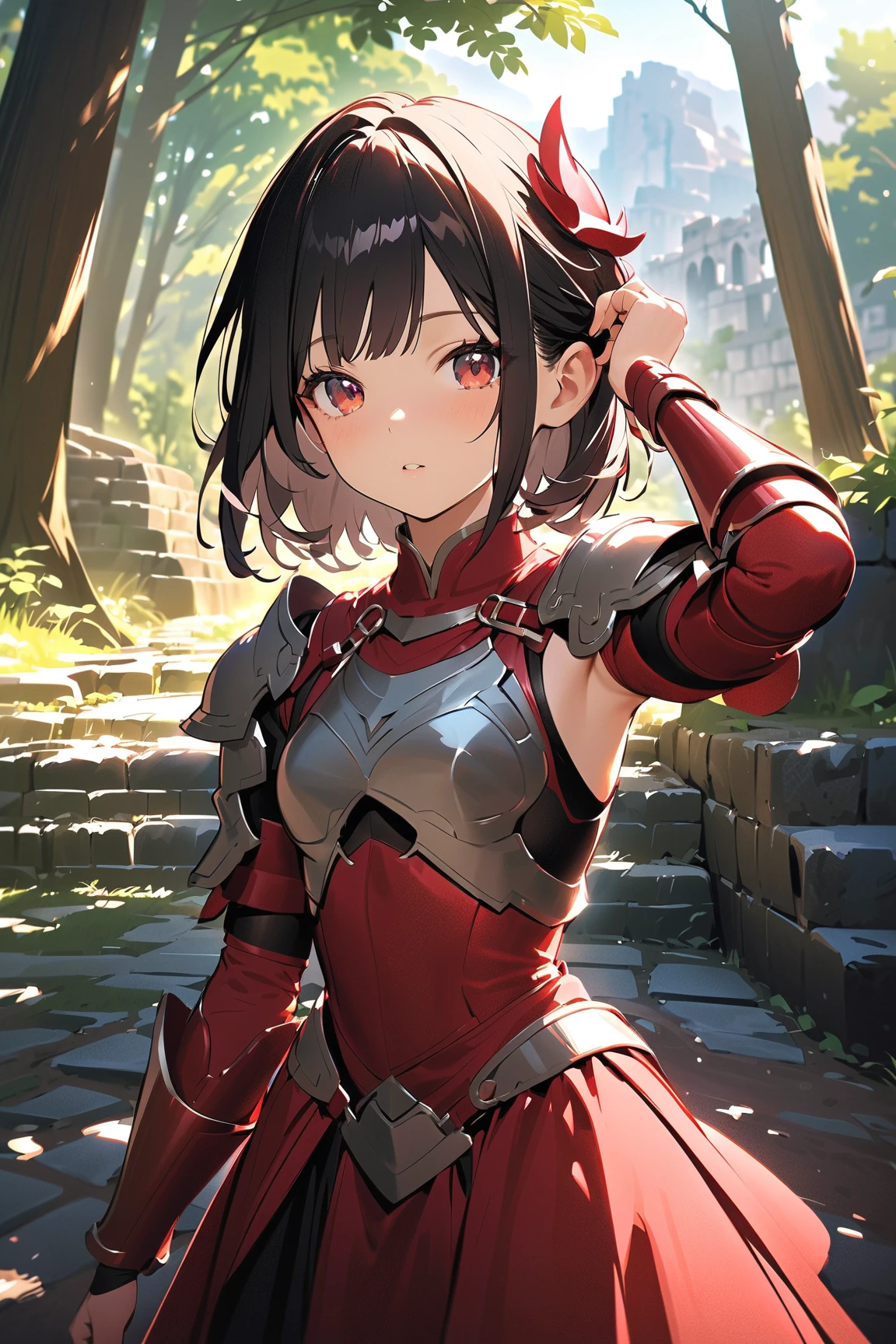 (Style Princess:0.8), Cat-eared Beauty, Small Tits, 1 Girl, ((Armor))Armor Princess, (Rich Green and Black and Red and Silver), ((Temple)), Slim, (Elbow Gloves) Masterpiece, High Contrast, Ultra Detail, Top Quality, Ultra High Definition, High Definition, Details