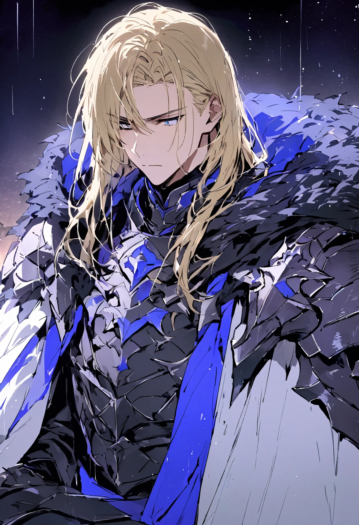  male character with straight blond hair ,  with a black patch on his right eye that reinforces his serious and melancholic expression .  He wears dark armor adorned with a blue emblem in the shape of a star and a cloak black with white leather edges,  that suggests a cold environment or a position of high hierarchy . The scene is set under the evening sun..
