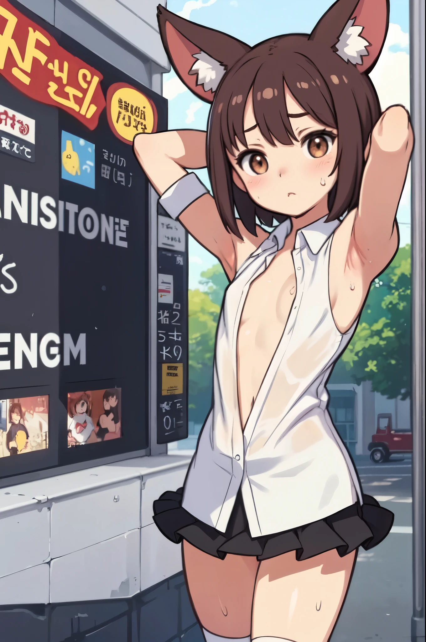 masterpiece, best quality, ultra detailed, 1 girl, micro short shorts, (tube top), side ponytail, erect nipples, small breasts