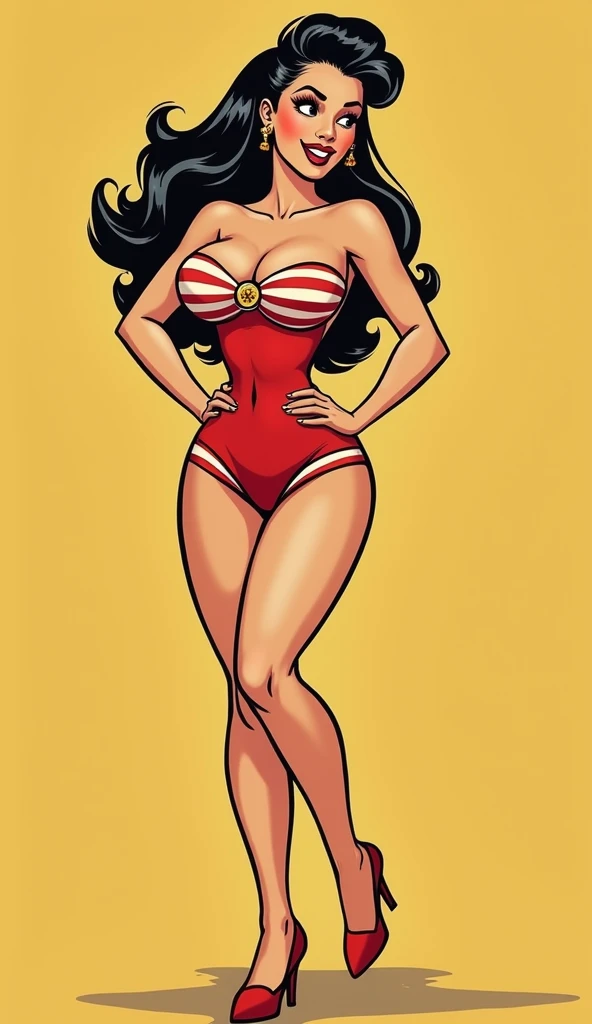 Arte ricamente inspirada em john Buscema,1mulher pirata de longos e ondulados cabelos negros, olhar selvagem, middlebreasts, corpo delgado usando traje pirata sensual.pose sugestiva empunhando uma espada afiada na proa do navio pirata, Features red bandana on head, ornate ruby waist belt, muito bonita