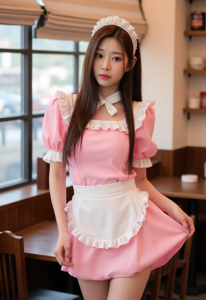 (Her hair is bright pink:1.5) (Pink floor、Pink table、pink chair、Pink Wall、Pink counter、This is a cafe that uses a lot of pink.:1.3) ((woman in a pink and white dress and a pink hat, Maid outfit, Maid dress, Catboy Cosplay! Maid! dress, anime girl in a Maid costume, Maid costume, anime cat girl in a Maid costume, pink lolita dress,Maid, wearing Maid uniform, Lolita Style, High Quality Costume,Sexy female cosplay, Pink shoes for maids)) (Her bangs are the perfect full bangs:1.2) (Random Maid standing upper body shot:1.5) ((highest quality)), ((masterpiece)), (Familiar), (Get used to it) (Reaches up to the kneeVery long hair highest quality Highest detail Reaches up to the knee、Very long hair that lasts forever:1.3 Flowing Hair Very shiny and thick hair Flowing Hair on both ends long hair up to the knees:1.2 long hair up to the knees:1.2 Thick and shiny hair Very free hair Abnormally long hair!!!!! Beautiful silky hair Beautiful and shiny hair Beautiful and shiny hair Beautiful silky hair Hair that grows to the knees Very very, Very long hair!!!!! Very very, Very long hair!!!!!) (highest quality The best ultra-fine Reaches up to the knee、Very long hair that lasts forever Flowing Hair Very shiny and thick hair Flowing Hair on both ends long hair up to the knees:1.2 long hair up to the knees:1.2 Thick and shiny hair Very free hair Abnormally long hair!!!!! Beautiful silky hair Super long hair down to the knees Beautiful and shiny hair Beautiful and shiny hair Beautiful silky hair Hair that grows to the knees Very very, Very long hair!!!!! Very very, Very long hair!!!!! Her hair is gently permed Her hairstyle is a very voluminous drill twin tail by Maid.:1.3) (She is the most beautiful 28-year-old maid cafe attendant in Japan..) Perfect Face (She has a typical Japanese build and skin color..., Her skin is very high quality and ultra high definition.、very beautiful and glowing skin) (Excessive breasts:1.2) (She has a long face, Eyes and nose)(She has a professional make-up artist who helps her achieve a very sensual look... Lipstick is bright red The eyeliner is a beautiful black) (Surreal photos by professional photographers :1.2) (She is wearing a beautiful blue silk camisole dress. :1.2) ((Her bangs are completely cut off.)) (She has a typical Japanese build and skin color Her skin is very delicate and sensitive..、and、Such beautiful and radiant skin) (She has a long face, Small eyes and nose.、Narrow-mouthed and the most beautiful) (Solo photos of Japan's most beautiful 28-year-old Maid) ((Rich 1.4)) (Extremely detailed 8K) (Ultra-fine skin texture 1.4) (Actual, Vibrant:1.4), Sharp focus:1.2、Beautiful woman:1.4 Dynamic Lighting (Genuine RAW photos taken by professional photographers) very beautiful and glowing skin) (Excessive breasts) (She has a long face, Eyes and nose) Lipstick is natural red The eyeliner is a beautiful black) (Surreal photos by professional photographers :1.2) (She is looking at the viewer with a sensual look) Mio
