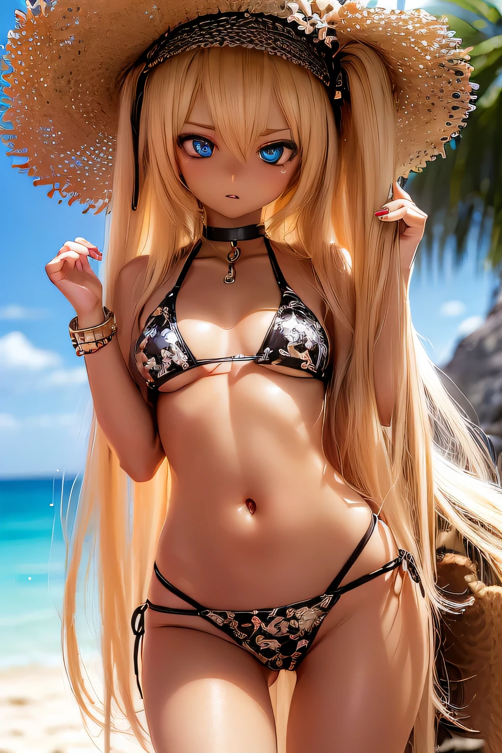 photorealistic, realistic photo, 8k, Canon EOS, ((highest quality)), ((masterpiece)), (extremely detailed), kukolnydom, doll, shiny skin, (dark skin:2), (stylish pose, beach, straw hat, choker, bikini, navel, bracelet, thighs, mature woman, 21yo, 21_years_old, solo:1.6), (medium breasts, parted lips, blonde hair, long hair, two side up, looking at viewer, blank stare, blue eyes, glass eyes, shining eyes, detailed face:1.3)
