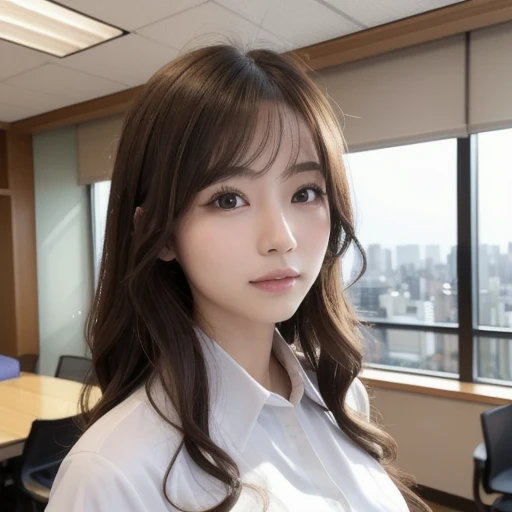 Full body frame, A doctor with only white buttoned coat, sitting, background of intricate consultation room, details of hospital computer table, bright face expression、ponyTail、Young shiny shiny white shiny skin、Best Looks、Blonde reflected light、Platinum blonde hair with dazzling highlights、shiny light hair,、Super long silky straight hair、Beautiful bangs that shine、Glowing crystal clear attractive big blue eyes、Very beautiful nice cute 18 year old girl、Lush bust, blush face,