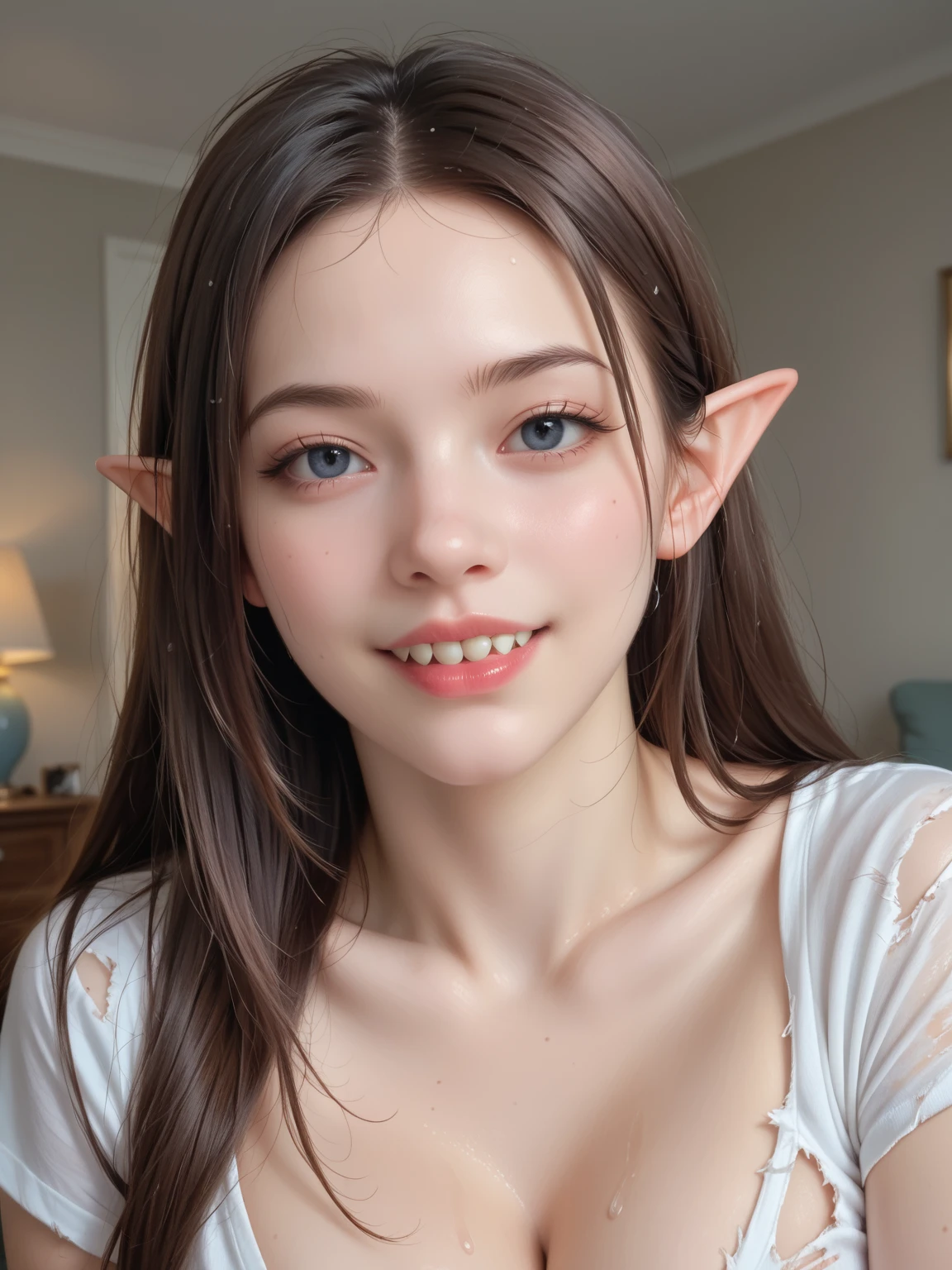 (1Petite cute Short Elf girl, Russian model face, Cute, beautiful, Shy smile, freckles), (Short black hair), ((Full Naked)), ((in a bed)), (Looking at POV), (((licking her lips)))