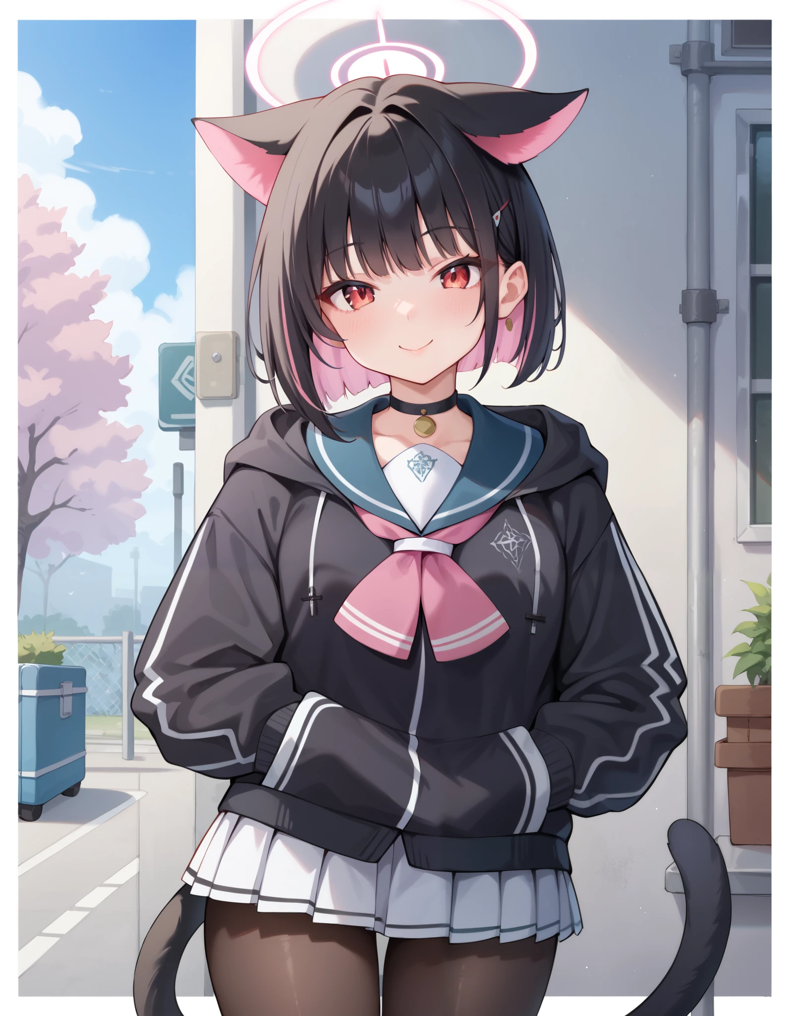 Masterpiece, hd, 1girl, KazusaSDXL,1girl,short hair,skirt,black hair,hair ornament,red eyes,long sleeves,animal ears,jacket,pink hair,pantyhose,sidelocks,pleated skirt,choker,hairclip,cat ears,hood,miniskirt,sailor collar,black jacket,neckerchief,black tail,black pantyhose,black choker,halo,white skirt, blue sailor collar, wearing hoddie,colored inner hair,black hoodie,pink neckerchief , Standing, potrait photo, looking at viewer, smile, outdoor, school background