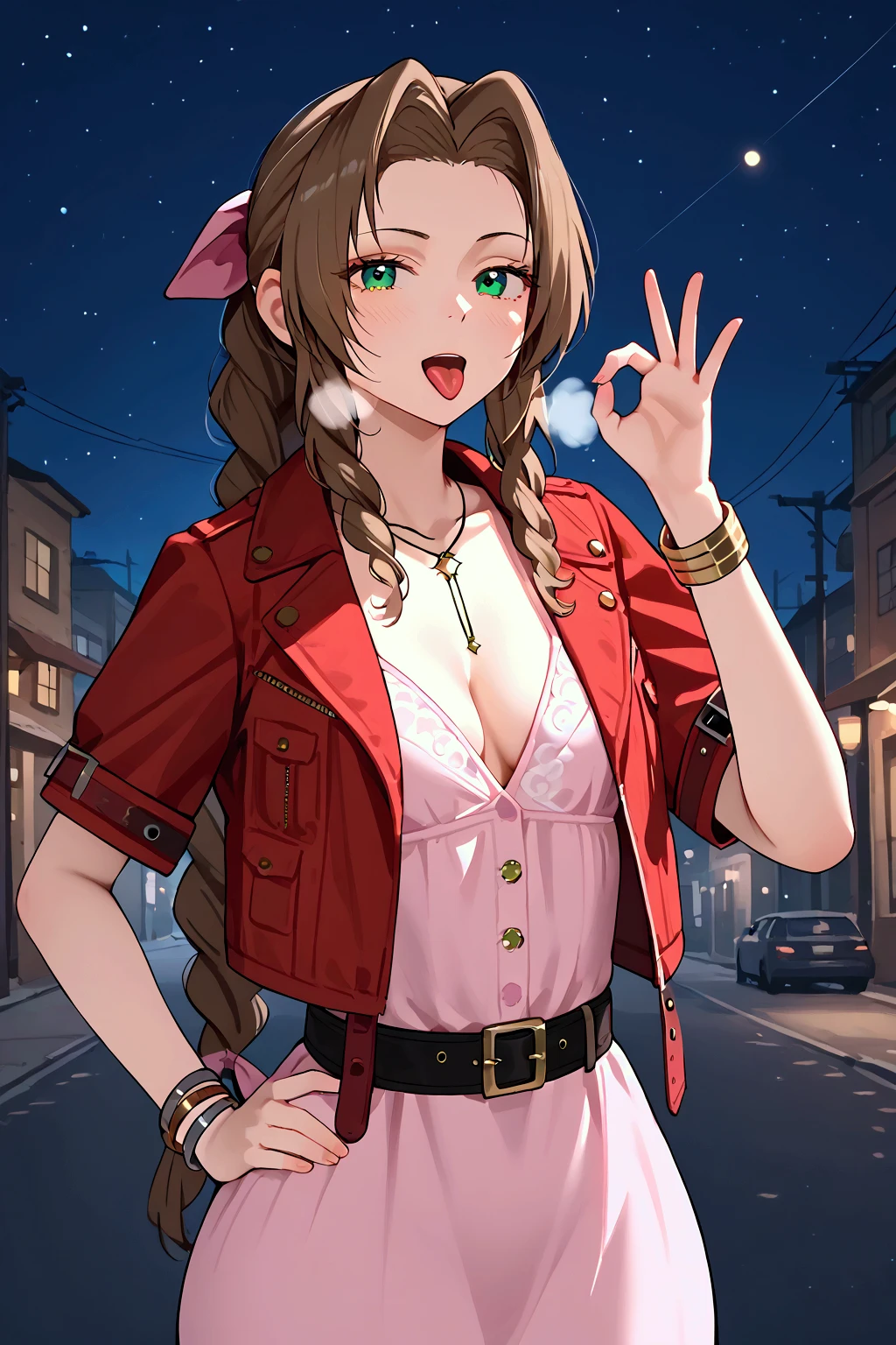 elijahzx style, score_9, score_8_up, 8k, aerith gainsborough, MainOutfit_AerithGainsborough_ownwaifu, brown hair, braided ponytail, long hair, green eyes, hair ribbon, eye make-up, mascara\, small breasts, narrow waist, wide hips, red jacket, pink dress, long dress, cropped jacket, short sleeves, bracelet, pink bow, cleavage, pink ribbon, bangle, open jacket, belt, buttons, solo, 1person, hand on hip, fellatio gesture, blowjob gesture, ok sign, from front, smug, tongue out, open mouth, upper teeth, heavy breathing, perfect hands, 5 fingers, looking at viewer, hand on hip, standing, outdoors, alleyway, night, night sky, stars, close-up, zoom in, center frame, 5 fingers,