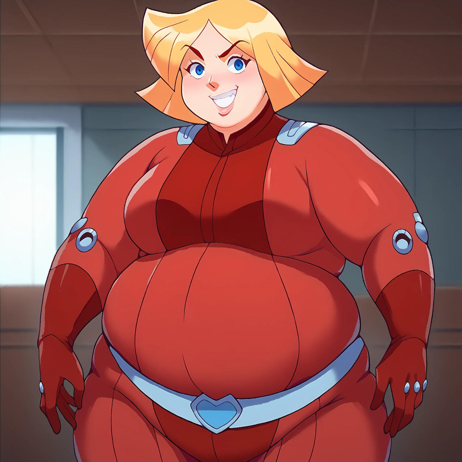 score_9, score_8_up, score_7_up, 1girl, red bodysuit, belt, clover \(totally spies\), blonde hair, short hair, blue eyes, solo, short hair, breasts, looking at viewer, large belly, big belly, fat, plump, standing, thighs, lips, looking down, dress, from below, big butt, woman in a warehouse full of cookie boxes