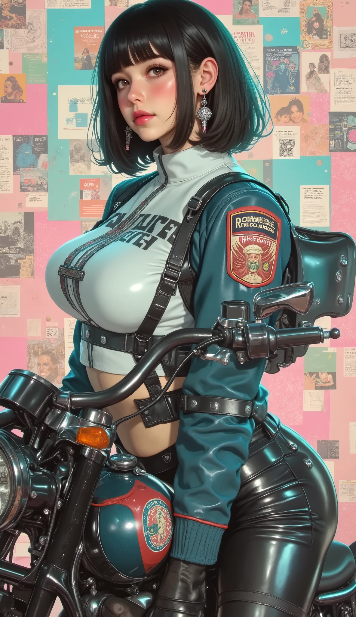 Famous Paintings、 top quality、woman、Freckles、 princess cut、Trimmed bangs、 black hair、 shorthair 、I can see my teeth being straightened with a smile、 profile、 upper body、 racing suit、 Big Bust 、 facing the front、Straddling a Harley 、pastel bike collage background、front、solo、