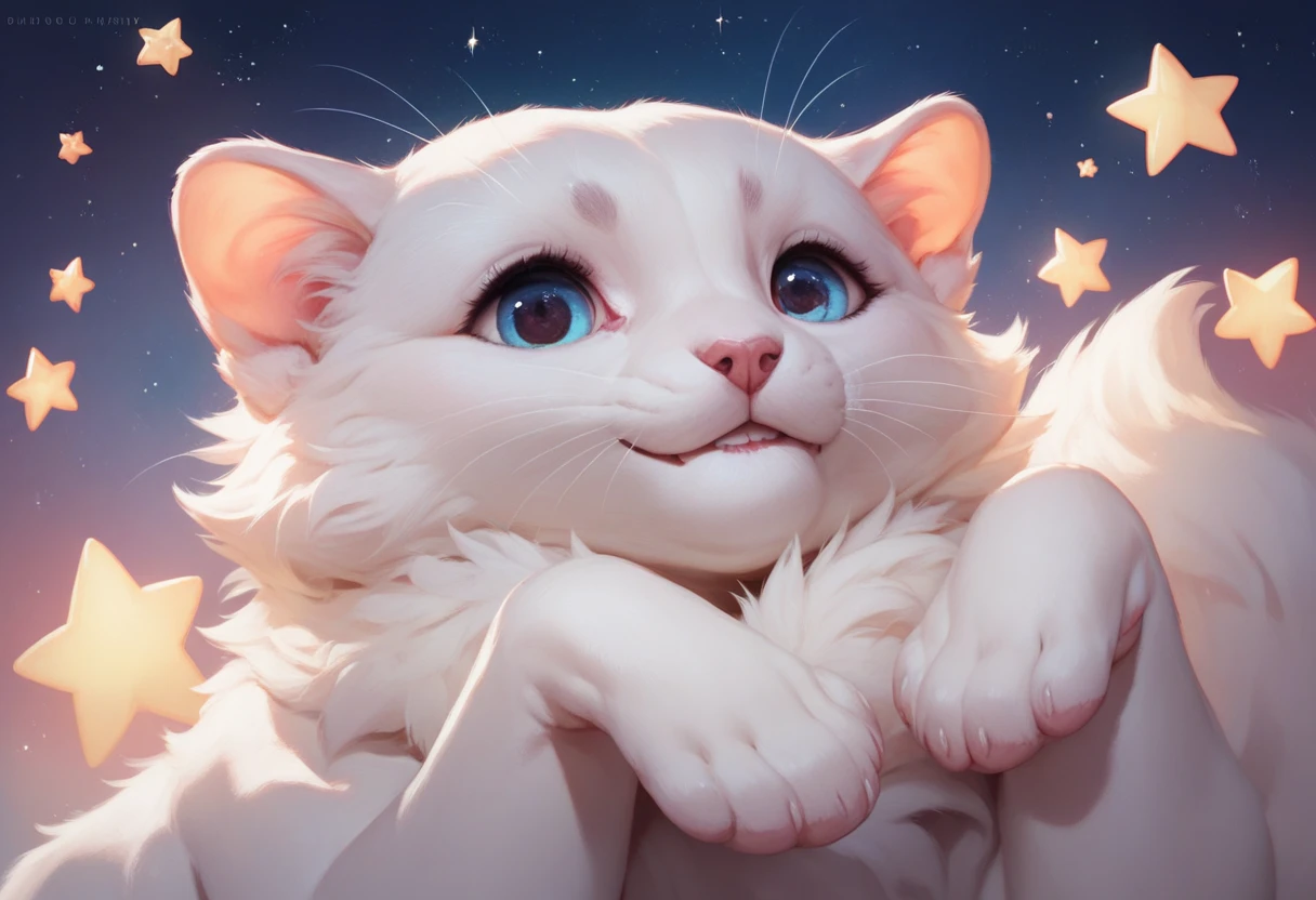 A white kitten looking up at the night sky， full of stars， cute，Realistic, Puzzle Art , Very high quality work
