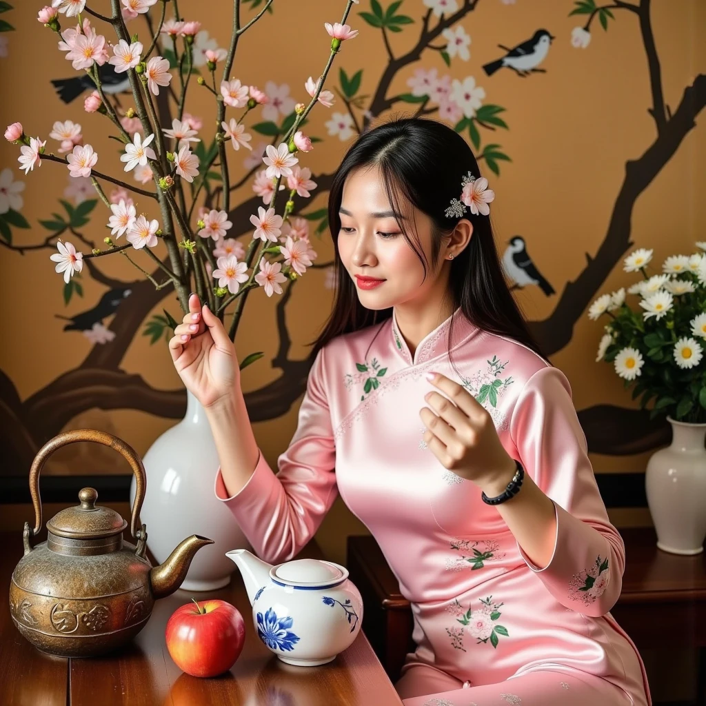 A graceful young woman dressed in a traditional pink áo dài, embellished with delicate floral embroidery. She sits elegantly while holding branches of blooming peach blossoms. Her long, dark hair is adorned with small flower accessories, complementing the soft and feminine theme. The background features a serene setting with painted cherry blossoms and birds, adding to the springtime ambiance. A white ceramic vase with floral designs sits nearby, enhancing the overall aesthetic of beauty and tradition. The scene is bright, soft, and exudes a sense of cultural elegance and harmony.”“A rustic still life arrangement on a wooden table with a warm, earthy background. The centerpiece features an antique, weathered metal kettle with a curved handle, placed next to a vibrant red apple. Beside them, there is a ceramic teapot adorned with floral designs and a larger white ceramic jar with delicate blue patterns. In the blurred background, a vase of white daisies adds a soft and natural touch to the scene. The lighting emphasizes the textures and contrasts, creating a nostalgic and cozy atmosphere.”