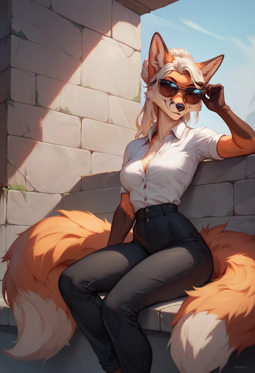 A fox, Female Furry, antromorfo,  Abdominals , smile,  Closed mouth ,  hairstyles ,  wearing a white shirt ,  black dress pants, and some sunglasses, posing styles, sitting, Under a wall .