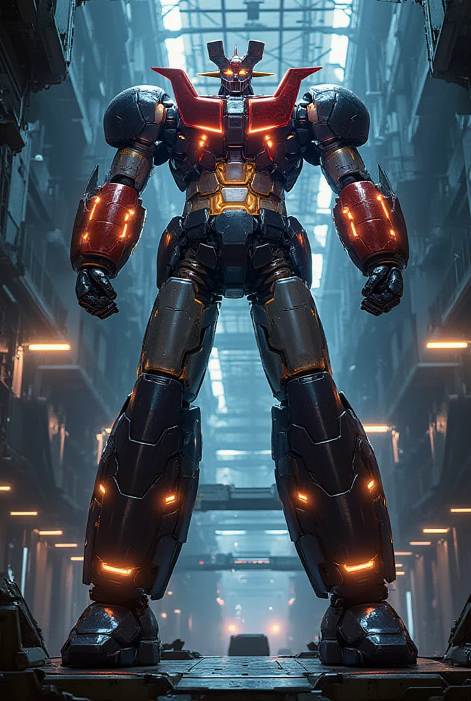  a very realistic version of the modified Mazinger Z,  stands 100 meters high ahead .   It's built with modern materials such as steel  ,   Carbon Fiber  ,   Other industrial elements are also visible  ,   just like the real thing  ,   has been carefully recreated 。.  set in a modern nuclear reactor facility 、 an industrial environment where a high voltage current flows and emits light   ,   Masinger Z standing around  ,   are illuminated by natural light  、  A huge structure highlighted by realistic shadows  . LED light lighting  　Gundam