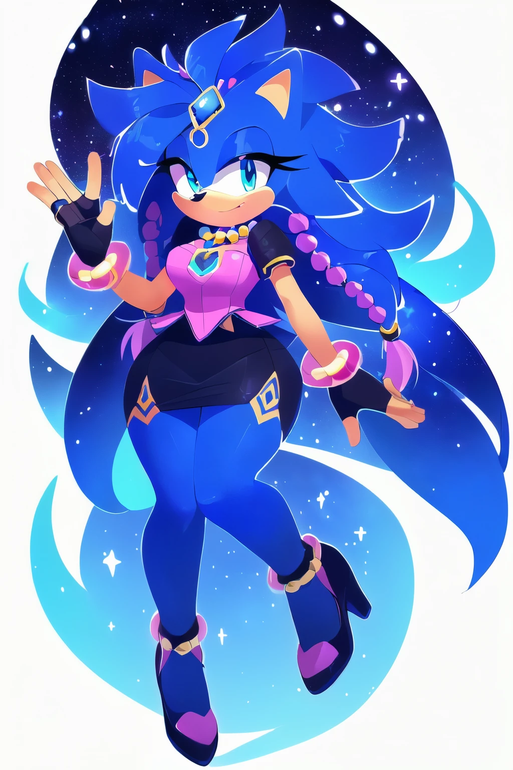 Sonic oc, Mobian, female, sonic the hedgehog but female, Cosmic hedgehog, A beautiful light blue hedgehog, purplish blue eyes, very long hair/quills, braided and beaded long hair bangs, long streaks of hair on each side of her face, (star constellation on hair, beads on hair, smooth fur, slim thick hourglass body, slim fit, wearing a Peplum shirt, pencil skirt, heels, fingerless gloves, beaded hair and rings on hair flowing hair, levitating,