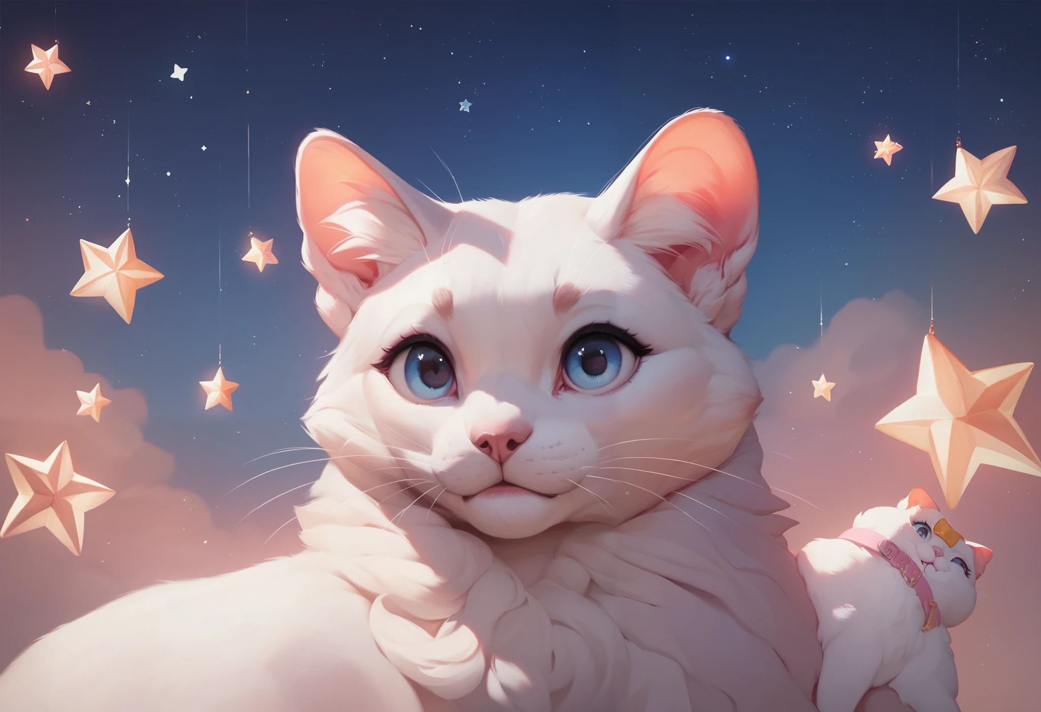 A white kitten looking up at the night sky， full of stars， cute，Realistic, Puzzle Art , Very high quality work