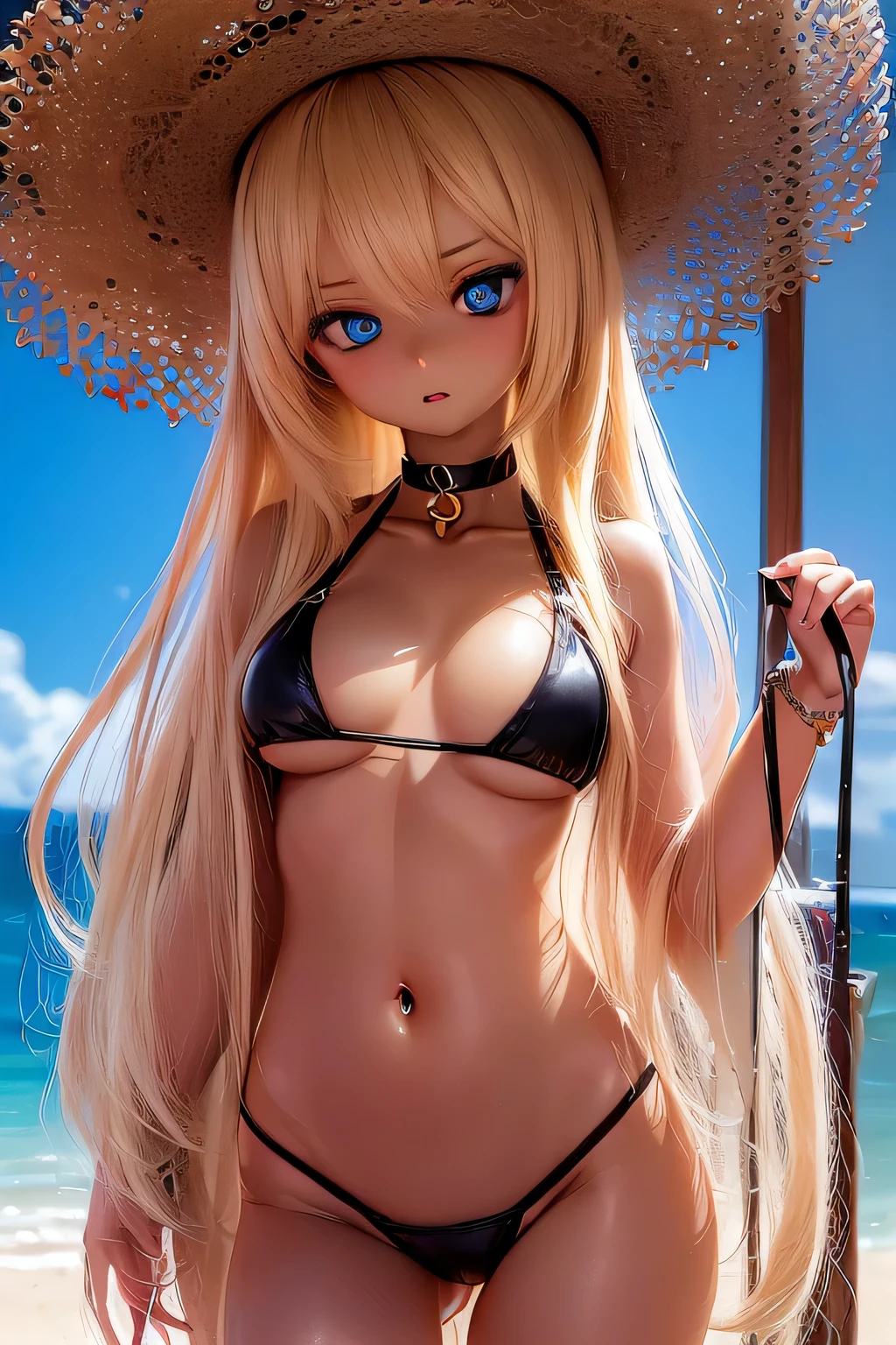 photorealistic, realistic photo, 8k, Canon EOS, ((highest quality)), ((masterpiece)), (extremely detailed), kukolnydom, doll, shiny skin, (dark skin:2), (stylish pose, beach, straw hat, choker, bikini, navel, bracelet, thighs, mature woman, 21yo, 21_years_old, solo:1.6), (medium breasts, parted lips, blonde hair, long hair, two side up, looking at viewer, blank stare, blue eyes, glass eyes, shining eyes, detailed face:1.3)