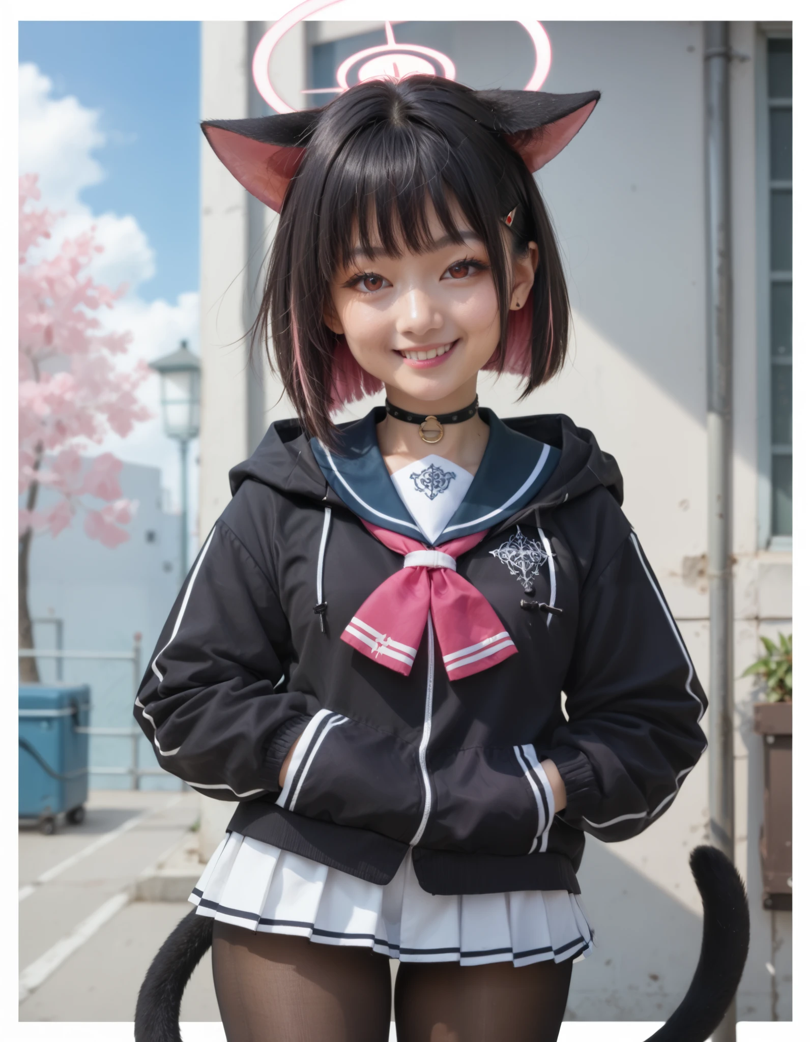 Masterpiece, hd, realistic, asian, 1girl, KazusaSDXL,1girl,short hair,skirt,black hair,hair ornament,red eyes,long sleeves,animal ears,jacket,pink hair,pantyhose,sidelocks,pleated skirt,choker,hairclip,cat ears,hood,miniskirt,sailor collar,black jacket,neckerchief,black tail,black pantyhose,black choker,halo,white skirt, blue sailor collar, wearing hoddie,colored inner hair,black hoodie,pink neckerchief , Standing, potrait photo, looking at viewer, smile, outdoor, school background