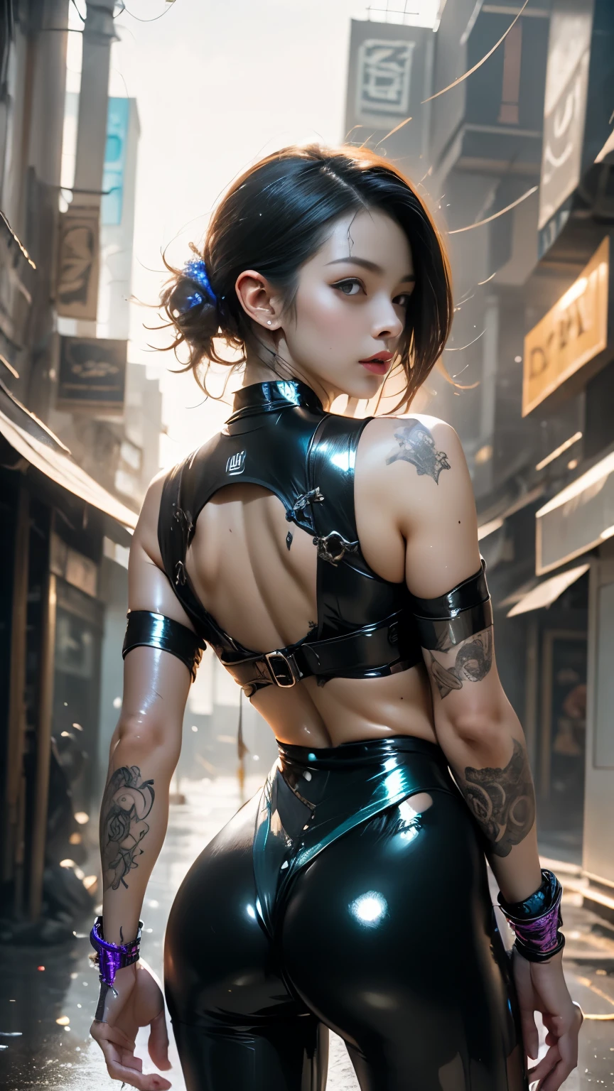 masterpiece, photorealism, buckshot, beautiful detailed shiny hair, beautiful woman with dragon tattoo on back, show back, cyberpunk night city, beautiful detailed eyes, pixiv, high quality, 8k, elaborate, unreal engine 5, gorgeous and ultra detailed, edge lighting, highly detailed, fine detail