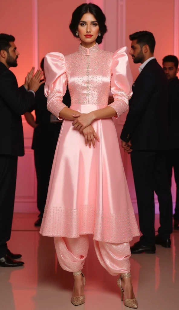 a tall apple shape body figure woman stands straight gracefully at a party,camera-facing with her hands together in front of her.she is wearing a punjabi-style outfit made of light pink satin swarovski crystals work fabric kurti. the round-neck kurti has exaggerated puffy shoulders, adding a dramatic flair, and fitting 3/4 sleeves for an elegant touch. paired with lame fabric dhoti-style shalwar,the look is completed with high heelsthat accentuate her poised stance,exuding sophistication and allure.