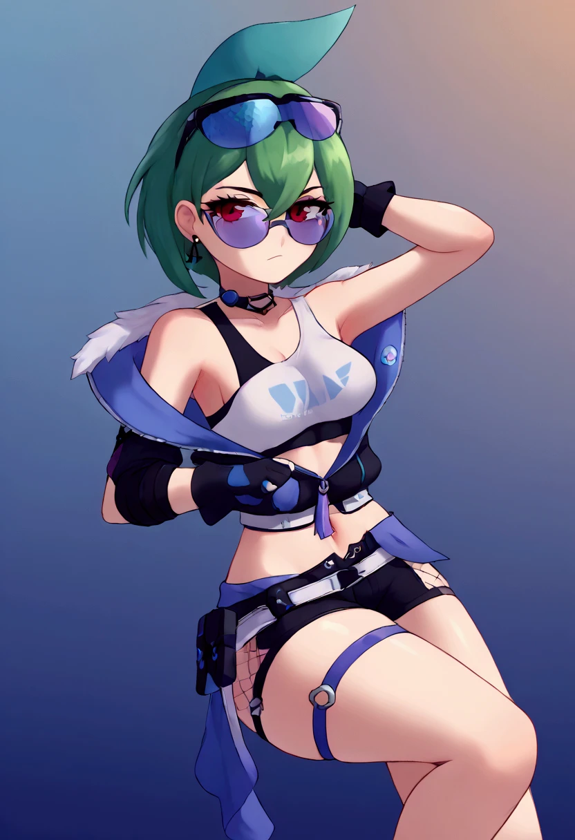   A stylized design of a girl, serious look, PIEL BLANCA pálida ,  dark green short hair ,   framing the top of the head with a pointed crest on the top in sky blue,   tilted backwards at a dynamic angle  .   The face is white and smooth  , with minimal details  ,   contrasting with two bright white angular structures that protrude from the cheeks  ,  replace ears with two pointed white peaks ,   The eyes are almond-shaped with an intense red iris  ,   projecting a serious and mystical expression  ,   better quality, (  masterpiece),(  ultra-detailed ), (  high quality), ( high resolution),  masterpiece,  better quality, SilverWolfV5 outfit , PIEL BLANCA, Alone,  watching the spectator , shirt,  hair ornament , Gloves, belly button, neckline,  bare shoulders , jewelry,   medium breasts , jacket,  green hair,  headband, white shirt, thighs, Earrings, open clothes, Bermuda,  sleeveless, choker, black Gloves, clipsa , midriff, fingerless Gloves, armpits,  bare shoulder ,  stomach , open jacket, Crop top,  sleeveless shirt,  thigh strap , black Bermuda,  sunglasses,   fishing nets,  glasses on the head , open fly, micro Bermuda, combat pose