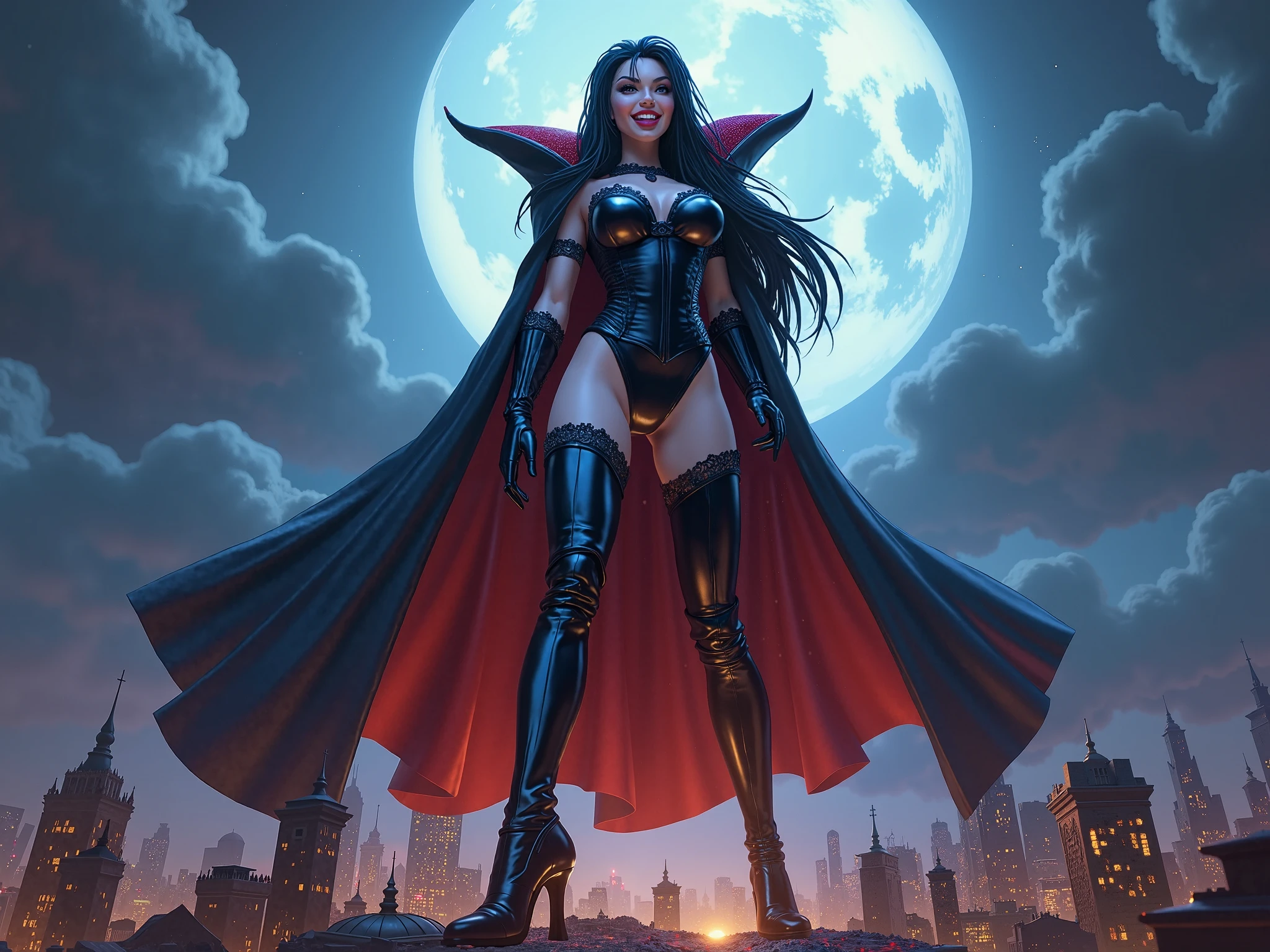 dark queen from battletoads video game, she towers over a small scale miniature city, she is stomping on a building with her boot, gigantic size, taller than a skyscraper, young face, smiling, laughing, blue lips, shiny black leather corset, black cape with red inner lining, cleavage, long black big hair, hair covering right side of face, long black opera gloves, majestic and glowing, long black boots, full body view, victorious, ruler of the universe,