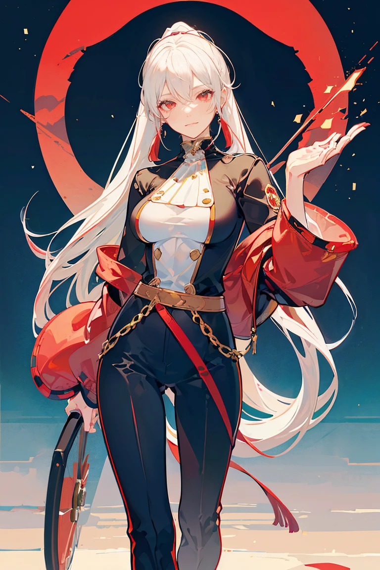 (masterpiece), best quality, seductive eyes, mature face, beautiful woman, red eyes, long white hair with bangs, double ponytail, long eyelashes, white turtleneck, black pants, big breast, anime cover, 1girl, smug face, mature face
Familiar face with arlecchino