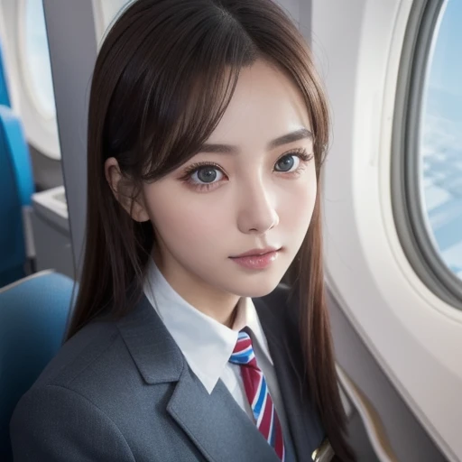 Best Quality, masterpiece, 8k, Ultra High Definition, ( photorealistic : 1.4), 1 girl, Facial beauty, symmetrical eyes, big, Perfect figure, Stewardess uniform, Viewers' Perspective , (In-flight: 1.2), Front View, Shoulder jump, Absolute territory (1.3),