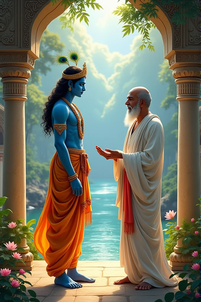 Image of lord Krishna telling about multiverse to lord bhrama and showing his true form
