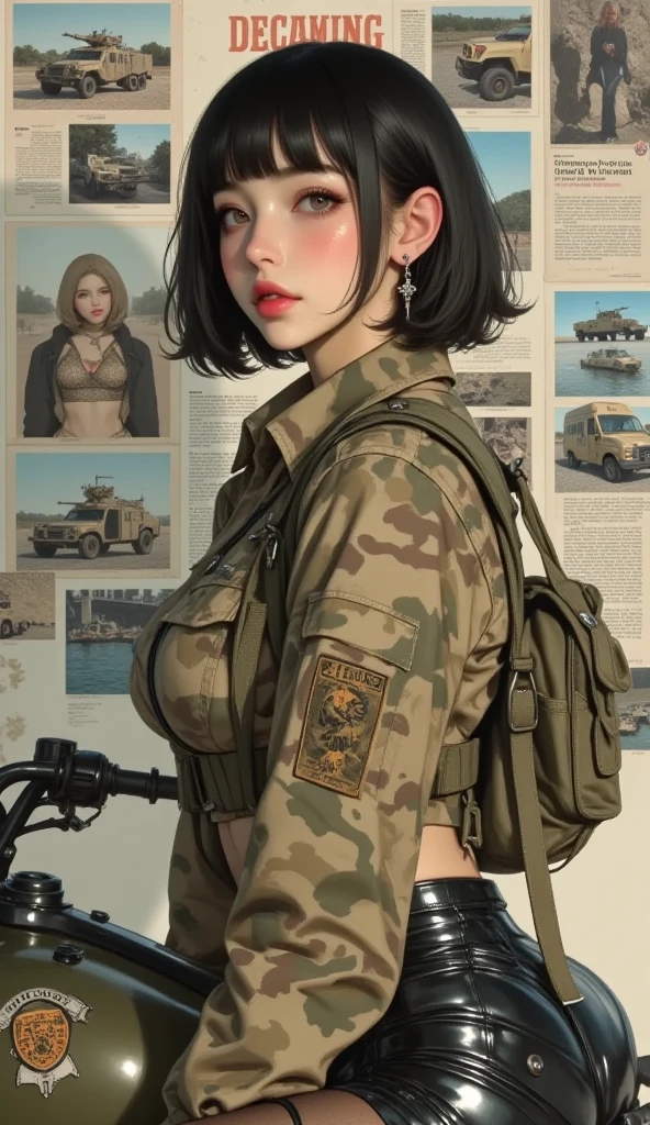 Famous Paintings、 top quality、woman、Freckles、 princess cut、Trimmed bangs、 black hair、 shorthair 、I can see my teeth being straightened with a smile、 profile、 upper body、sand camo military uniform 、 Big Bust 、 facing the front、 across military off-road motorcycle、 military vehicle collage background 、front、solo、