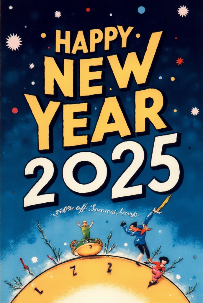 Design a quirky New Year poster featuring a festive and celebratory theme. Include a bold text that says 'Happy New Year 2025' in an elegant font. There's also a smaller text that say "50% off Seaart SVIP" The background should have a gradient of navy blue transitioning into royal blue. Add NSFW elements like a clock striking midnight to enhance the festive mood. Ensure the design conveys excitement and positivity for the new year. Make it visually funny, appealing and welcoming.
