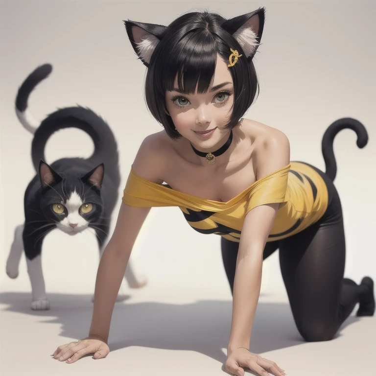 ( highest quality ,  masterpiece ,  High resolution )、( anime art )、 cinematic light 、soft light、two s、 black hair、 black cat costume 、 White cat costume 、 Striped cat costume 、 Striped cat costume 、 Persian cat costume 、( Tricolor cat costume)、(loose t-shirt)、loose shirt、off shoulder、sexy mini dress 、( cat ear)、bob cut、semi-long、 bun hair 、 hair ornaments、 choker 、 Cute face details 、 charming smile、 small breasts、 full body 、(pose de gato)、((crawl on all fours))、waving、playing、dance、gato jarashi、 Cookies crackling 、 Party decoration 、((  white background))、