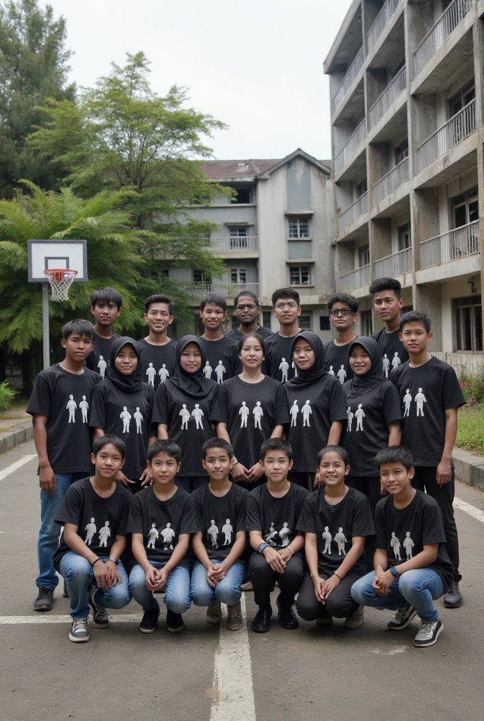 A group photo of approximately 70 Indonesian high school students aged 15-18, including neat-haired boys and hijab-wearing girls, posing together in a school courtyard. The students are wearing matching black T-shirts with a minimalist silhouette design of people standing in a group, printed in white on the front of the shirts. The boys and girls are arranged in neat rows, with taller students standing at the back and shorter students sitting at the front. Some students are wearing jeans, while others are dressed in casual black pants. The background features a typical Indonesian school setting with lush greenery, a basketball hoop, and school buildings with balconies. The photo captures a lively and harmonious atmosphere, professionally taken in ultra-detailed, high-resolution quality.