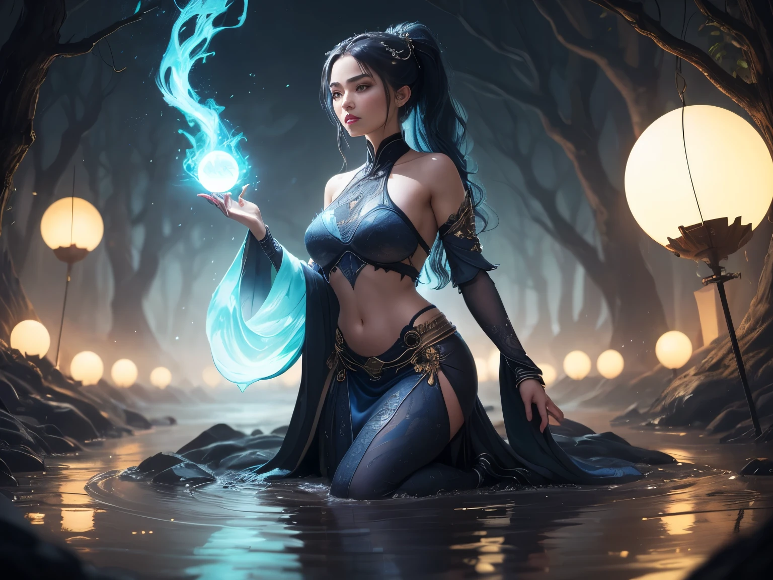 A mystical and artistic depiction featuring a giant scorpion emerging from water, seemingly interacting with a female figure who is pouring water from an amphora. The scene is set against a celestial backdrop with a glowing full moon and surrounded by zodiac symbols. The colors are vibrant, dominated by blues and purples, creating a dreamy, cosmic atmosphere.
