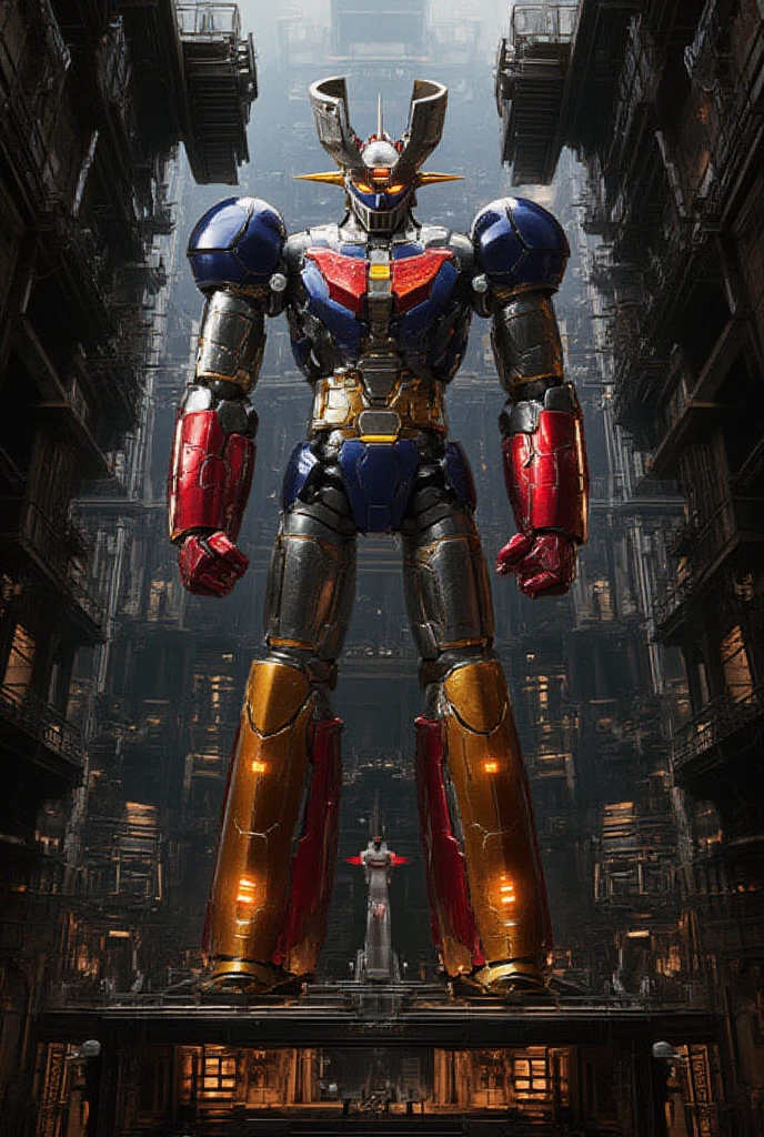  a very realistic version of the modified Mazinger Z,  stands 100 meters high ahead .   It's built with modern materials such as steel  ,   Carbon Fiber  ,   Other industrial elements are also visible  ,   just like the real thing  ,   has been carefully recreated 。.  set in a modern nuclear reactor facility 、 an industrial environment where a high voltage current flows and emits light   ,   Masinger Z standing around  ,   are illuminated by natural light  、  A huge structure highlighted by realistic shadows  . LED light lighting  　Gundam