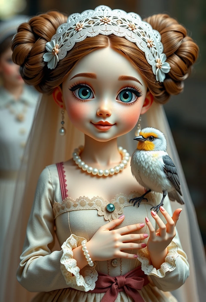 The cute doll is dressed in an exquisite dress in the vintage style of the Renaissance aristocracy. Pale skin, blue eyes, and subtle makeup, including dark eyeliner and pink lipstick. A serene expression and a gentle smile. Her hair is decorated with pearls and gathered in two large buns on both sides of her head. The headdress is made of delicate lace with floral motifs. A translucent veil falls from behind, creating a feeling of lightness. In her right hand she holds a cute fluffy white 3d cat. the cat looks realistic. Perched neatly on her right shoulder, facing the viewer, is a tiny bird with grayish-brown wings, a yellow breast, and a barely noticeable orange spot near her eye.  Perfect two hands, perfect fingers