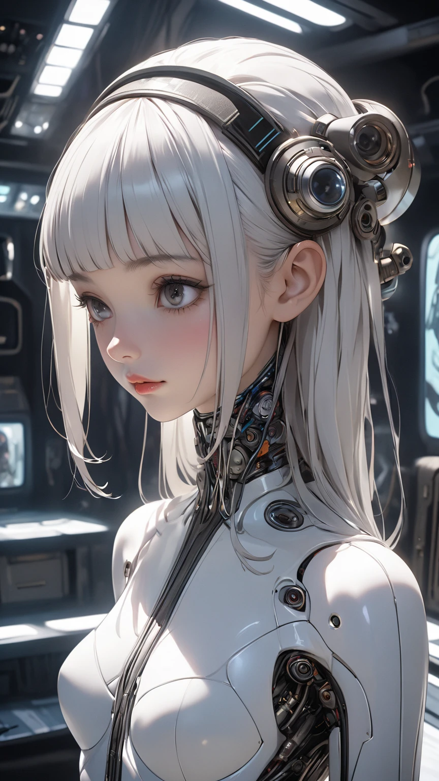 high high quality, tmasterpiece, 超高分辨率, (Photorealsitic: 1.4), RAW photogr, 1 rapariga, Yellow hair, Glow skin, 1 Silver Mechanical Girl, (hyper realistic detailed)), sportrait, globalillumination, shadowing, rendering by octane, 8K, Super sharp,The groove exposes the original skin,Exposing the chest,Expose breasts exposed, Brown metal, Intricate decorative details, Japanese details, very complex details, realistic raytraicing, CGSoation trends, a purple eye, glowing light eyes, facing at the camera, neon light detail、Mechanical limb、The blood vessels that connect the tubes、Mechanical vertebrae connected to the back、Mechanical cervical connection of the neck、Sit Pose、Wire and cable connecting the head、Up、Small LED light、