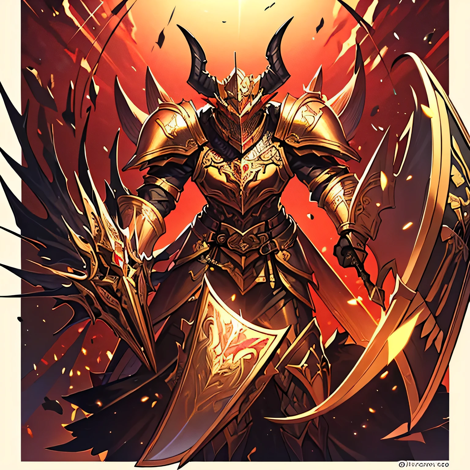 (( best quality)), (( masterpiece)), ( Details), red and gold armor, five crown-like horns, a large shield and sword, Devil, Bug  