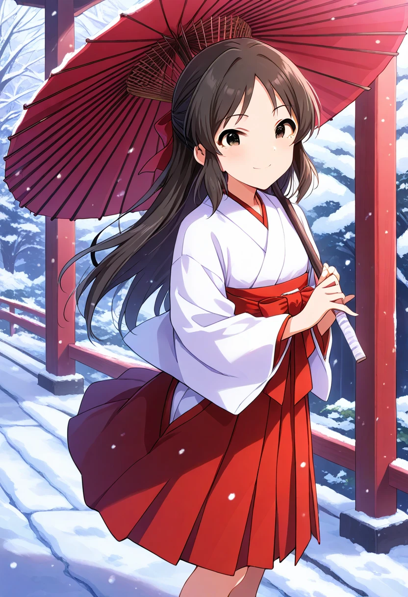 Turn your gaze to the viewer　 back view　 turn around　Holding a Japanese umbrella　Snow is falling　winter　whole body　Multiple people behind 　shrine　 multiple people behind 　１ women　miko　Nishijin weaving　Long hakama length 　Sandals　Tachibana Arisu 　Deremasu　Deresute　 The Idolmaster　Characters top quality ,   Masterpiece ,  ultra high definition,　  Beautiful Legs　Beautiful upper body
　Beautiful lower body　　
Two perfect legs　 perfect five fingers beautiful eyes detailed eyes detailed face don't write women with young faces　no text　smile　 best smile 　