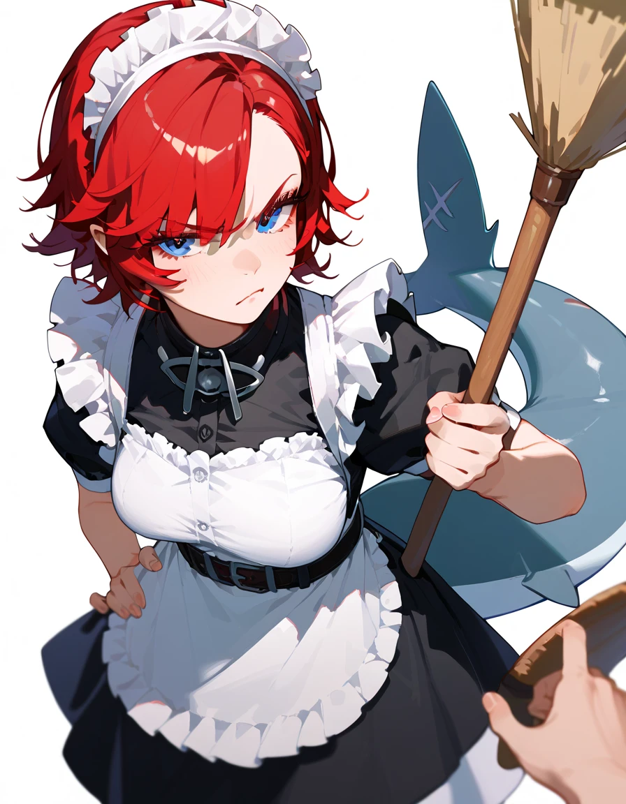 1girl, maid outfit, red nape hair, holding a broom, pouting, another hand on hip, angle from above, shark tail, Ellen joe