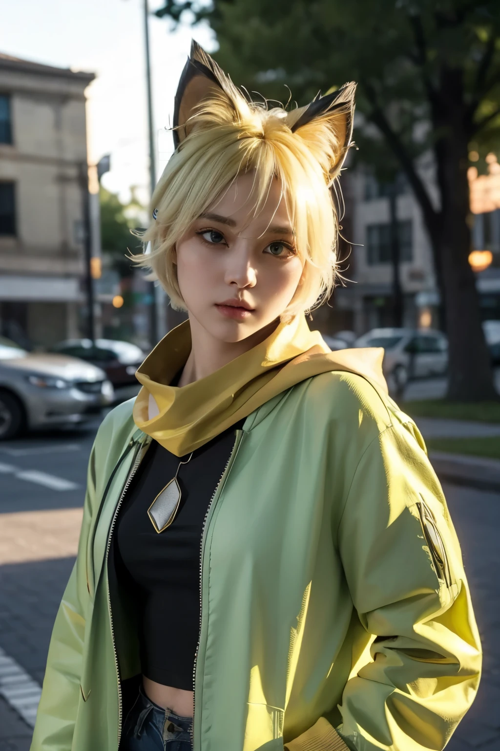 a young girl with short yellow hair, dryer cat ears , green jacket, wearing a scarf around his neck, sexy, hot, full of sweat, full body shot, photorealistic, 8k, HDR, ultra-detailed, highly detailed face, extremely detailed eyes and lips, beautiful detailed eyes, beautiful detailed lips, longeyelashes, sharp focus, vivid colors, studio lighting, physically-based rendering,