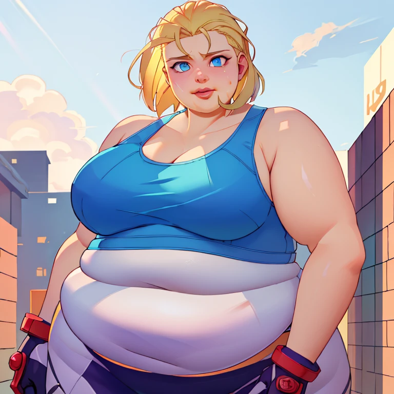 ((((masterpiece, best quality, high resolution)))), Extremely detailed 8K, 1 female, (Cammy White(obese figure:1.5)) wearing her Cammy White outfit, (Ultra HD, Ultra-detailed, Highly detailed, Highly realistic, Ultra-realistic, photograph realistic), (1girl:1.5), (big fat body),(Realistic short blond hair), (dynamic poses), facing at camera, looking at viewer, (a serious focus face), (regular blue eyes, sharp eyes), (perky breasts:1.2), (beautiful detailed face, beautiful detailed eyes), ((slightly sweating)), (preparing for a workout), sweat, glow, (sunbeam, sunlight), ((cowboy shot)), streets background, seductive, EnvyBetterHands LoCon,(Perfect anatomy of an obese female body),(clothes that fit your big, fat body size).