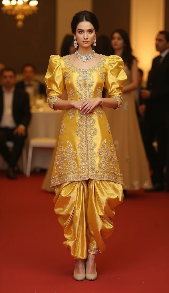 a tall apple shape body figure woman stands straight gracefully at a party,camera-facing with her hands  together in front of her.she is wearing a punjabi-style outfit made of beautiful crafted pure gold raw silk kurti with multicolor dabka, stone and pearls fabric. the round-neck kurti has exaggerated puffy shoulders, adding a dramatic flair, and fitting 3/4 sleeves for an elegant touch. paired with lame fabric dhoti-style shalwar,the look is completed with high heelsthat accentuate her poised stance,exuding sophistication and allure.