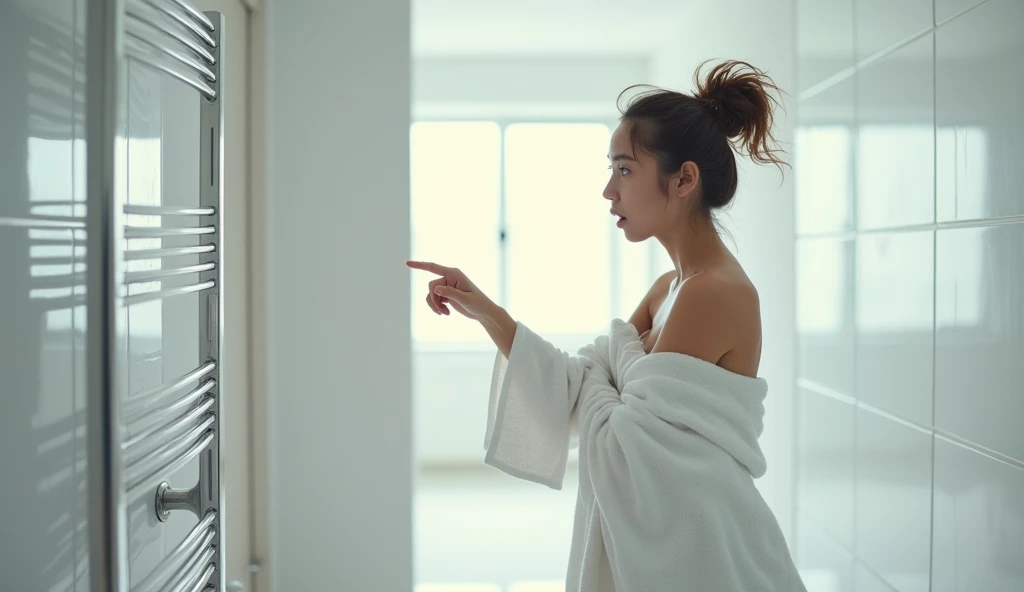 1 girl wrapped in towel 1 hand pointing in front of 1 towel holder , panicked expression full body photo , Bright bathroom background