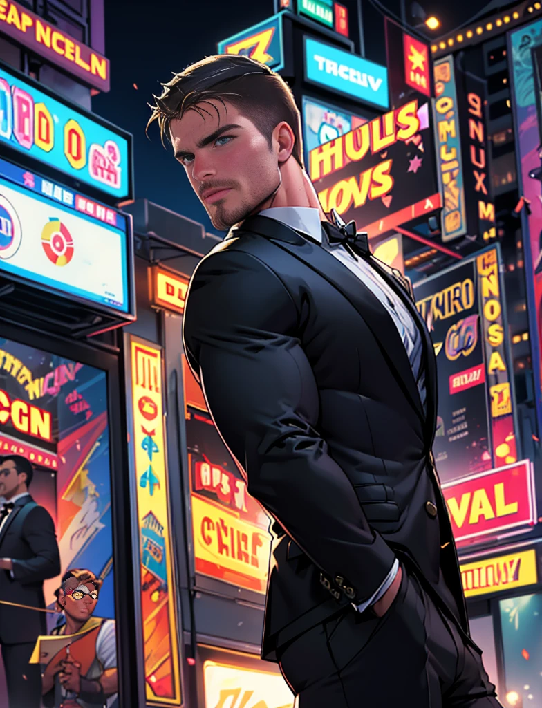 Chocolate haired guy in a fancy suit in a strip club looking at a muscular guy pole dancing, he is big and muscular, black boxers, slicked back hair, superman physique, comic style, detailed face, detailed body, hyper detailed , 8k, highly detailed and intricate details, dramatic composition, as illustrated in top cow comics, comics sandman, vertigo comics,