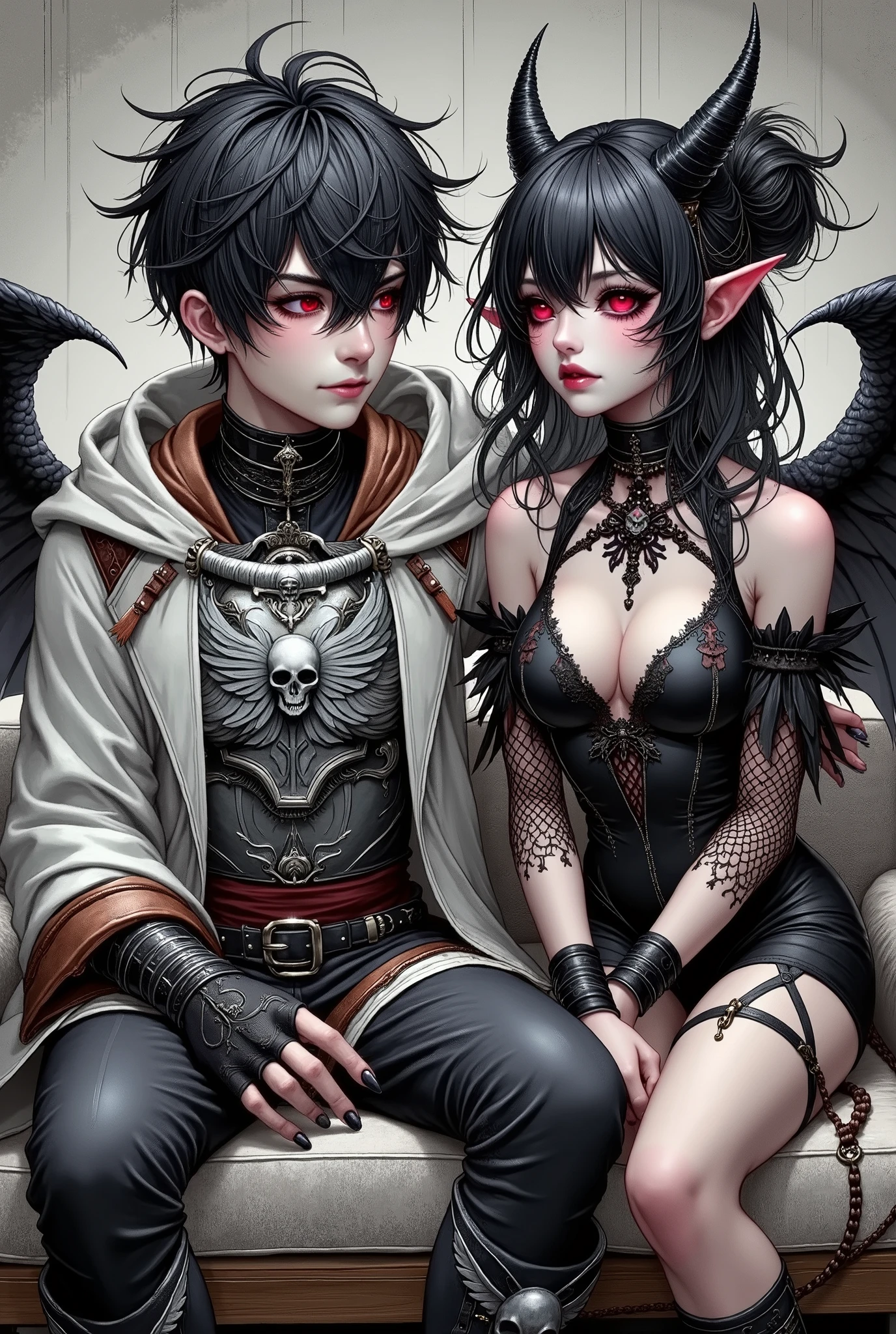 (Ultra-detailed face, Looking away, Fantasy Illustration with Gothic. Dark tone colors. 1 man and a succubus.), BREAK 
(Asuka, a male human sword saint, sits on a couch in a plain temple of chaos, resisting the temptation of the succubus sitting with him. She looks a little impatient and sweating. But she looks happy.), BREAK 
(Asuka, a male human sword saint, sits on a couch in a plain temple of chaos, resisting the temptation of the succubus. She looks a little impatient and sweating. But she looks happy.), BREAK 
(Asuka, a male human sword saint is wearing a heavy white war robe trimmed in copper color with a silver breastplate with a high collar angel relief. She wears wing boots with reliefs of bird feathers.), BREAK 
(The succubus has jet-black hair and eyebrows, waist-length wavy messy hair, red glowing pupil-less eyes, small pink lips, translucent white skin, and dark, thick eyeliner. A fascinatingly sexy expression.), BREAK 
(The succubus wears a hair ornament with a skull motif and a black braided body suit with red lace. She wears thin black net tights and a pair of raven-like wings spread wide across her back.)