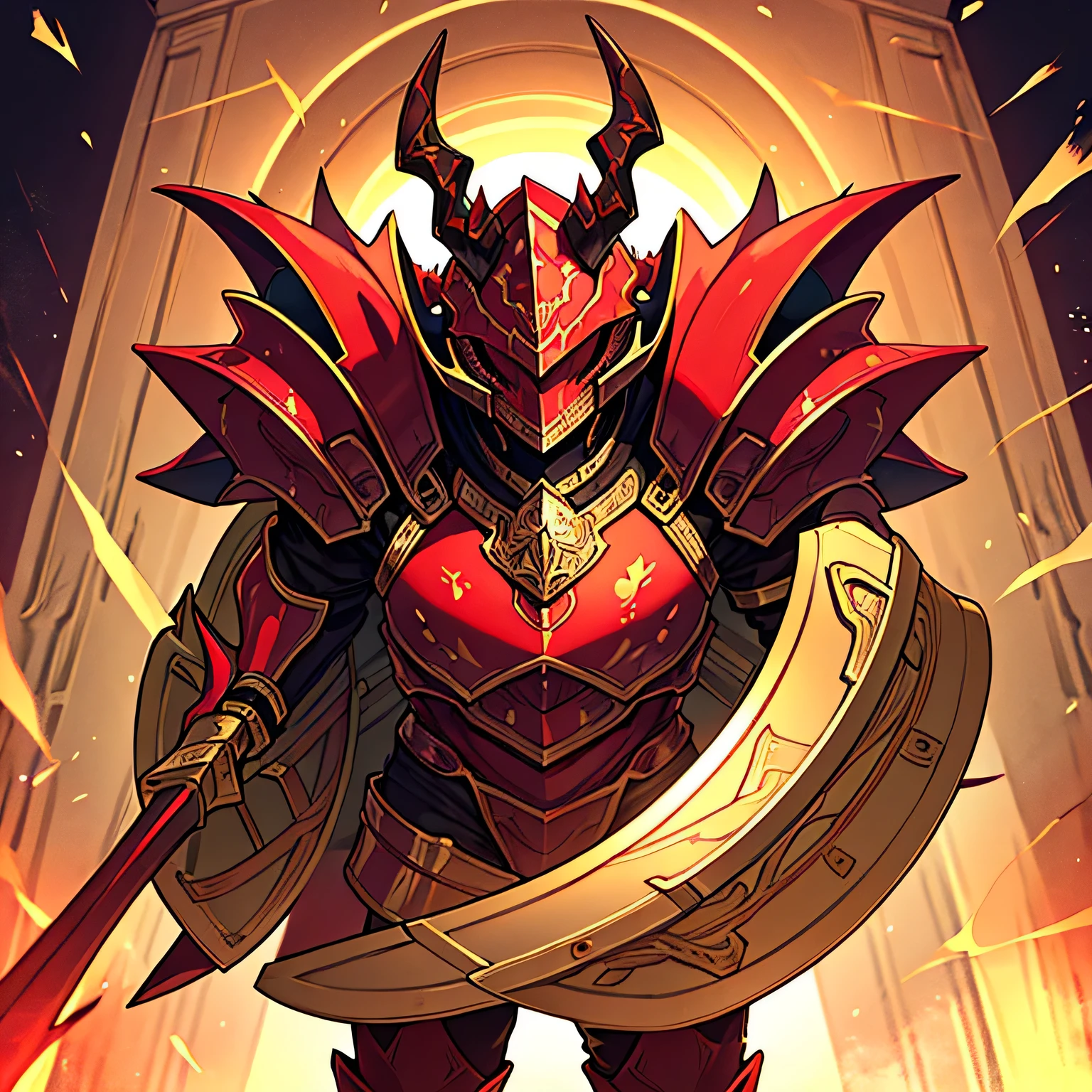 (( best quality)), (( masterpiece)), ( Details), red and gold armor, five crown-like horns, a large shield and sword, Devil, Bug  