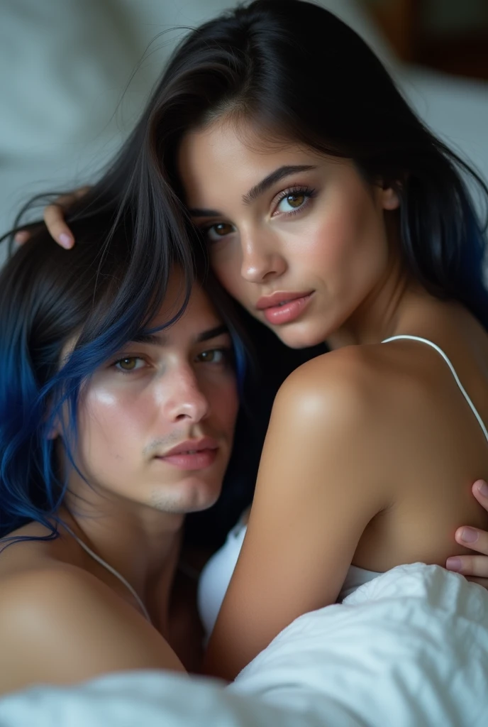((Melhor qualidade)), ((casal se beijando)), (homem alto e muito forte, cabelo preto olho azul escuro e barba. Mulher cabelo curto ondulado e preto, batom vermelho na boca.), rosto perfeito