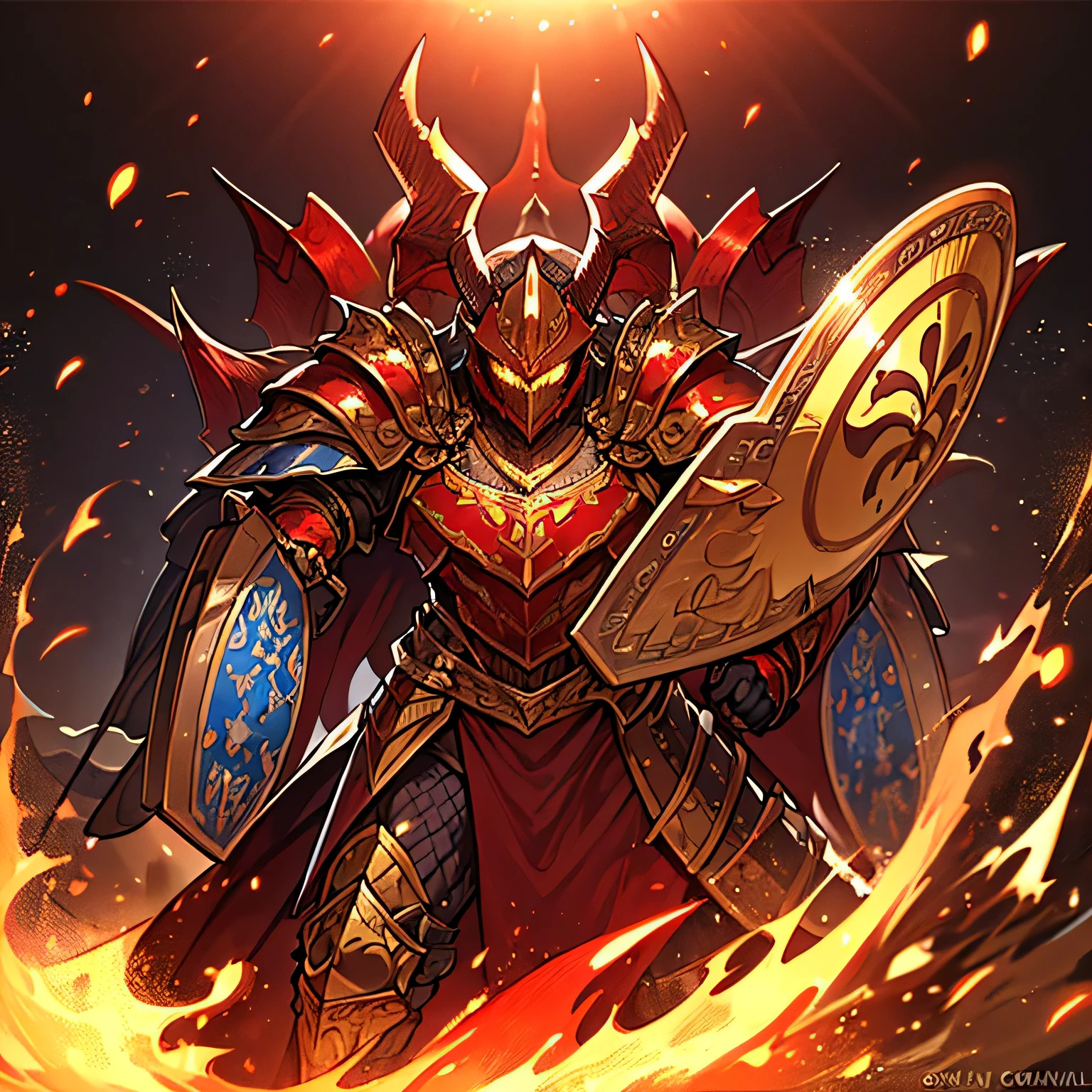 (( best quality)), (( masterpiece)), ( Details), red and gold Bug armor, five crown-like horns, a large shield and sword, Devil