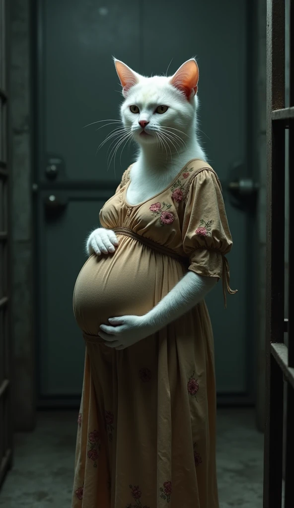 A humanoid havana pragnant cat wearing a red saree. She is crying